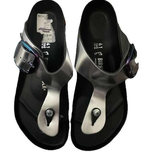 New BIRKENSTOCK Gizeh Big Buckle Metallic silver leather sandals 41 US 10 M/N - Picture 4 of 6